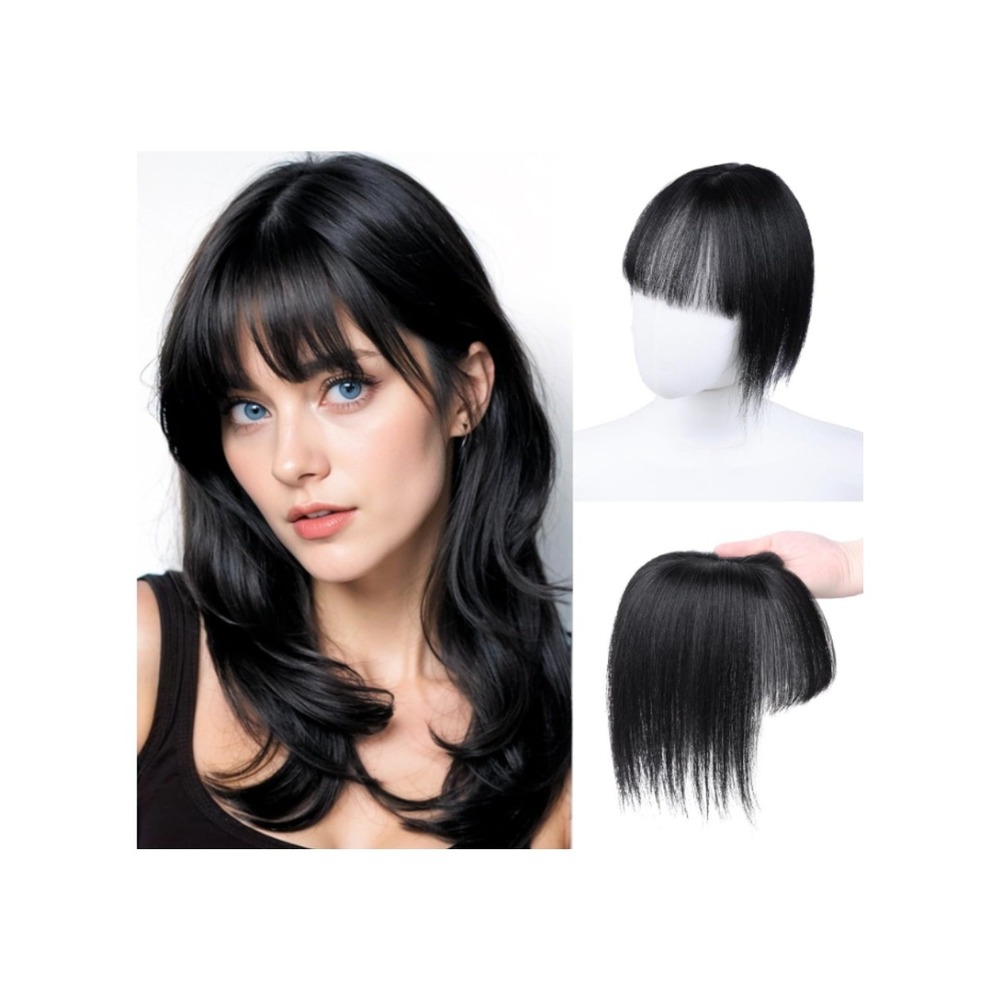 VERNA 100% Real Human Hair Bangs Clip In Topper 3D Cover Natural Black 5x9.5cm